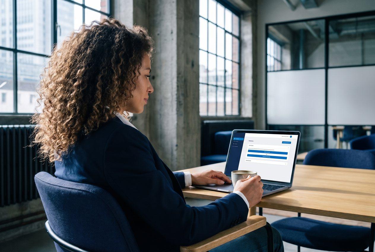 Conseiller en crédit immobilier qui suit un module de formation IOBSP en ligne sur son ordinateur portable