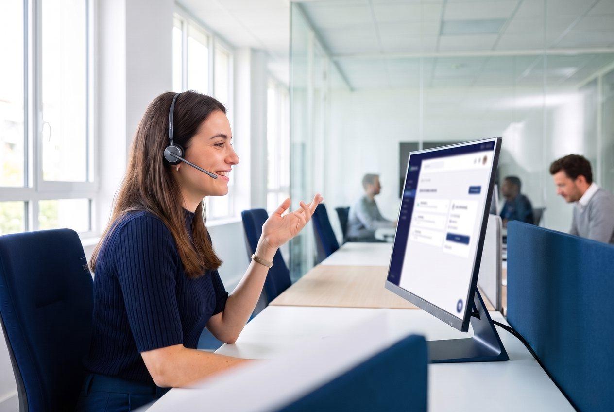 Conseillère bancaire au téléphone avec un client, poste soumis à la formation continue en crédit immobilier